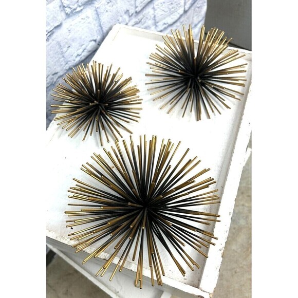 Metal Gold  Atomic Era Starburst Sea Urchin Wall Hanging Decor MCM Set Of 3 - Picture 3 of 10